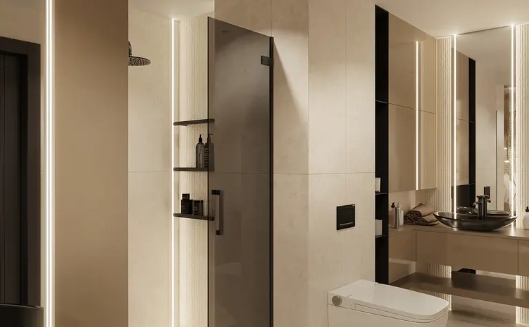 Elegancka łazienka w stylu art deco i glamour z minimalistycznymi akcentami.