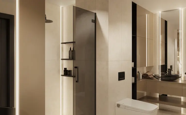 Elegancka łazienka w stylu art deco i glamour z minimalistycznymi akcentami.