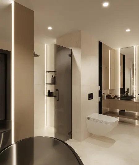 Elegancka łazienka w stylu art deco i glamour z minimalistycznymi akcentami.