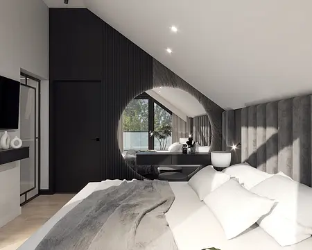 Wnętrze sypialni z minimalistycznym designem, szare ściany, białe meble, nowoczesne akcenty.