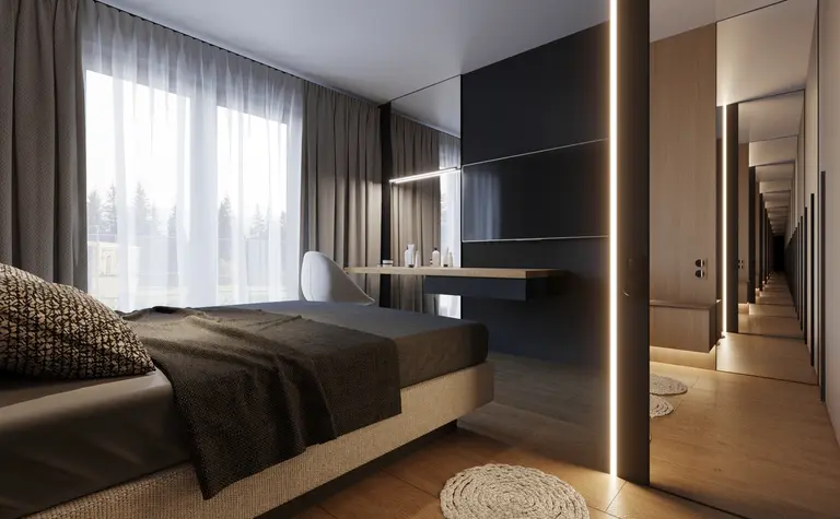 Sypialnia w stylach eklektycznym i minimalistycznym z szarymi zasłonami i drewnianymi akcentami.