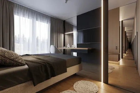 Sypialnia w stylach eklektycznym i minimalistycznym z szarymi zasłonami i drewnianymi akcentami.