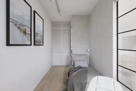 Wnętrze w stylu japandi, minimalistycznym, nowoczesnym z szarymi ścianami i jasnym drewnem.