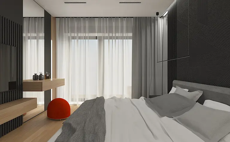 Sypialnia w stylu minimalistycznym z szarymi zasłonami, drewnianymi meblami i nowoczesnymi detalami.