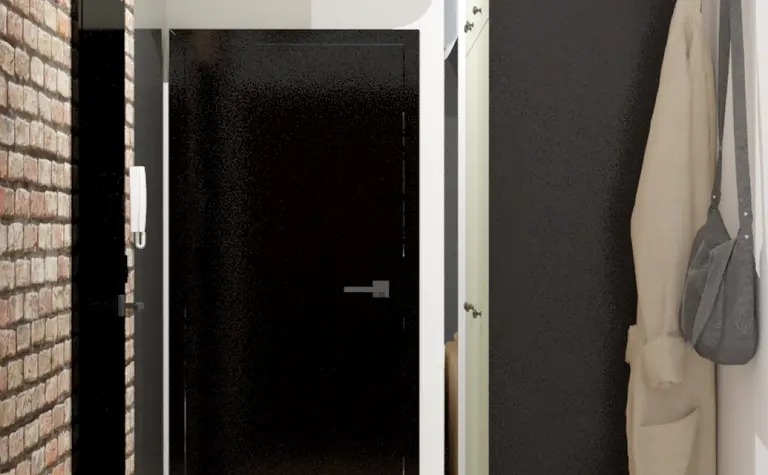 Przedpokój w stylu eklektycznym z ceglaną ścianą i nowoczesnymi detalami