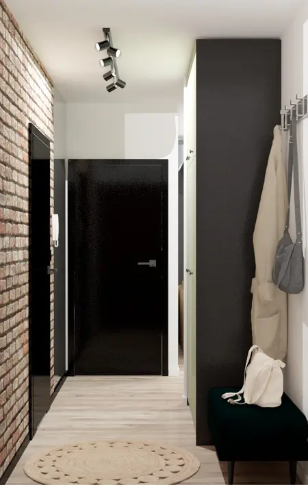 Przedpokój w stylu eklektycznym z ceglaną ścianą i nowoczesnymi detalami