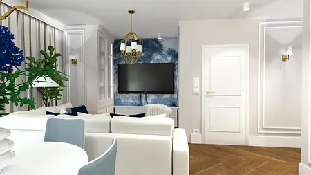 Wnętrze salonu w stylu prowansalskim z białymi meblami i roślinami.