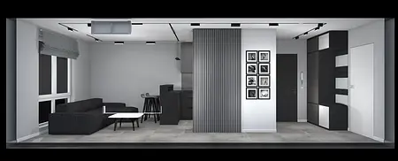 Wnętrze salonu z czarną sofą, szarymi ścianami i nowoczesnymi elementami art deco i minimalistycznymi.