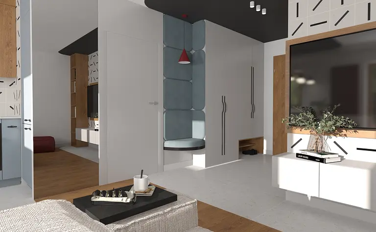 Wnętrze z niebieską kanapą, drewnianymi meblami i stylem dopamine decor.