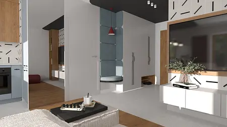 Wnętrze z niebieską kanapą, drewnianymi meblami i stylem dopamine decor.