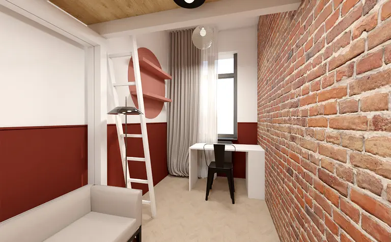 Wnętrze pokoju z ceglaną ścianą i białym biurkiem w stylu dopamine decor.