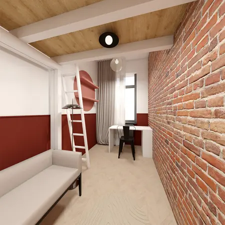 Wnętrze pokoju z ceglaną ścianą i białym biurkiem w stylu dopamine decor.