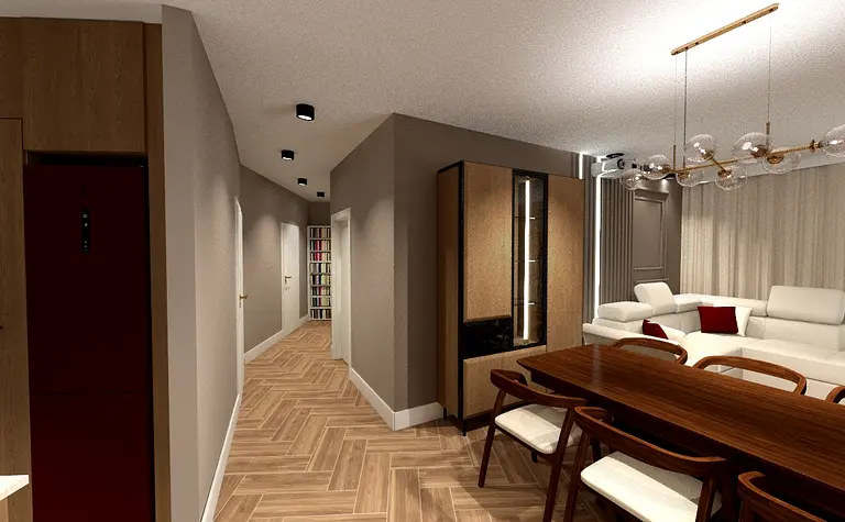 Wnętrze eklektycznego salonu z białą sofą i drewnianym stołem, nowoczesne oświetlenie.