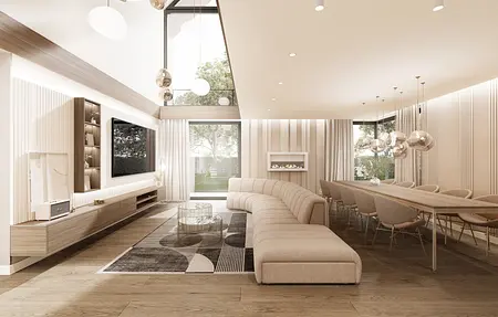 Elegancki salon z dużą, beżową sofą, nowoczesnym kominkiem oraz stołem jadalnianym z designerskimi lampami. Wnętrze o jasnych kolorach i panoramicznym oknie z widokiem na ogród.