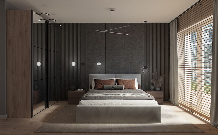 Sypialnia minimalistyczna z brązowym łóżkiem, szarymi ścianami i oknem.