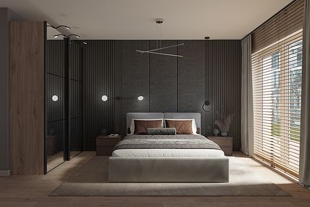 Sypialnia minimalistyczna z brązowym łóżkiem, szarymi ścianami i oknem.