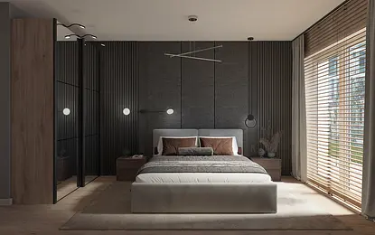 Sypialnia minimalistyczna z brązowym łóżkiem, szarymi ścianami i oknem.