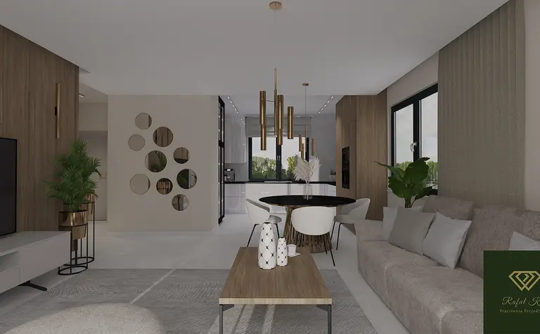 Wnętrze salonu z drewnianymi elementami i białymi meblami, nowoczesny design