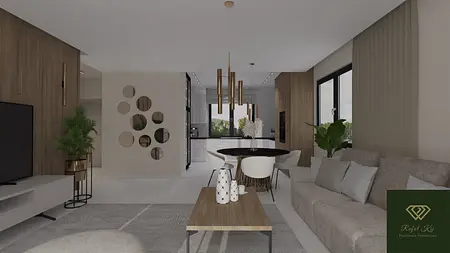 Wnętrze salonu z drewnianymi elementami i białymi meblami, nowoczesny design