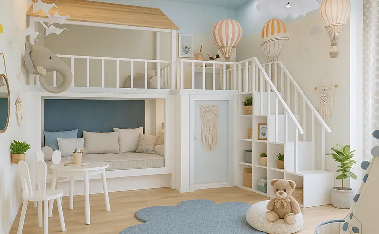 Pokój dziecięcy z łóżkiem, balonami i dekoracjami minimalistycznymi, nowoczesnymi i skandynawskimi