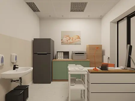 Gabinet z nowoczesnym i skandynawskim wystrojem, zieloną szafką i białymi meblami.