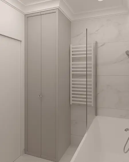 Nowoczesna łazienka w stylu quiet luxury z szarymi meblami i białymi płytkami.