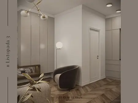 Przedpokój z beżowymi meblami i vintage dodatkami w stylu quiet luxury.