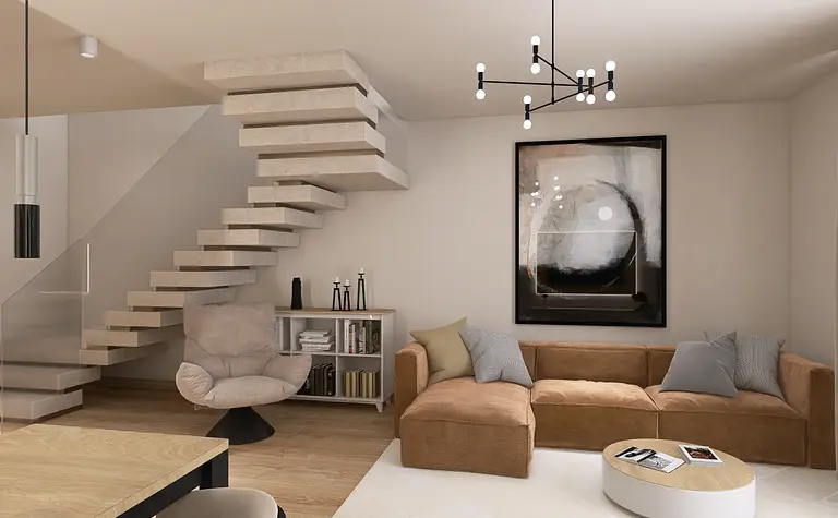 Nowoczesny salon z brązową sofą, schodami i oświetleniem.