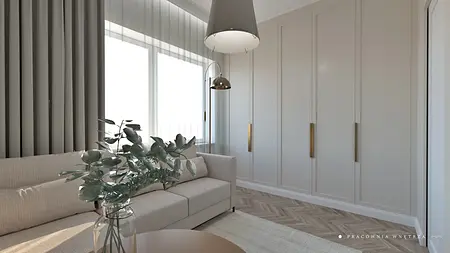 Wnętrze salonu w stylu boho, japandi i minimalistycznym z beżową sofą i roślinnością.