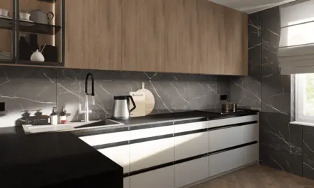 Kuchnia z minimalistycznym designem, drewniane meble, nowoczesne akcenty, współczesne wykończenia.