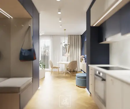 Wnętrze kuchni w stylu nowoczesnym, quiet luxury i tradycyjnym z beżowymi meblami.