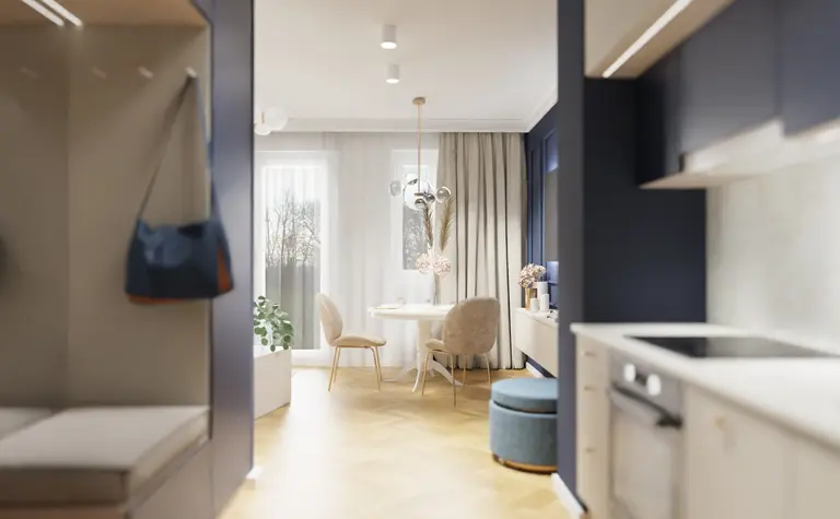 Wnętrze kuchni w stylu nowoczesnym, quiet luxury i tradycyjnym z beżowymi meblami.