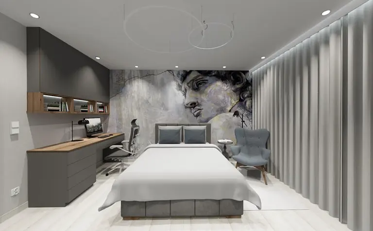 Wnętrze sypialni z szarymi meblami, industrialnymi i rustykalnymi akcentami.