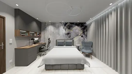 Wnętrze sypialni z szarymi meblami, industrialnymi i rustykalnymi akcentami.