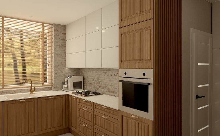 Kuchnia w stylu boho, prowansalskim i rustykalnym z drewnianymi meblami.