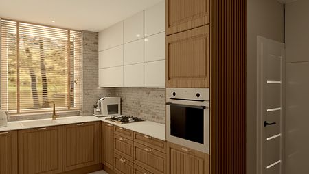 Kuchnia w stylu boho, prowansalskim i rustykalnym z drewnianymi meblami.