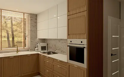 Kuchnia w stylu boho, prowansalskim i rustykalnym z drewnianymi meblami.