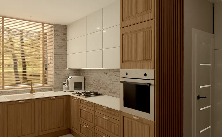 Kuchnia w stylu boho, prowansalskim i rustykalnym z drewnianymi meblami.