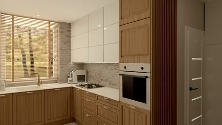 Kuchnia w stylu boho, prowansalskim i rustykalnym z drewnianymi meblami.