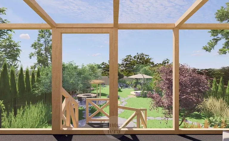 Wnętrze z drewnianymi elementami i dużymi oknami, styl japandi i minimalistyczny, widok na ogród