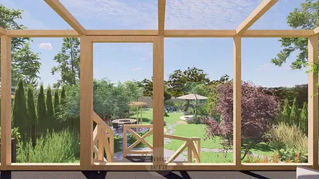 Wnętrze z drewnianymi elementami i dużymi oknami, styl japandi i minimalistyczny, widok na ogród