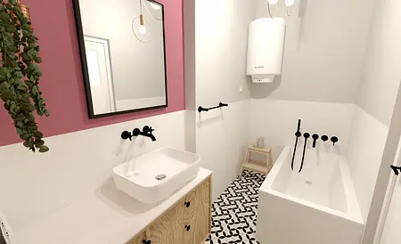 Współczesna łazienka z białą wanną, umywalką i czarnymi detalami.