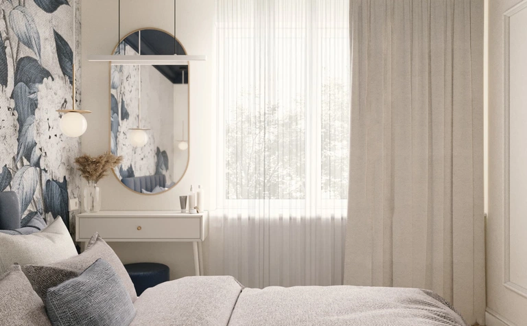 Nowoczesna sypialnia z eklektycznym stylem, glamour i quiet luxury, z niebieskim sufitem.