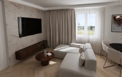 Wnętrze salonu w stylu japandi, minimalistycznym i skandynawskim z jasną sofą.