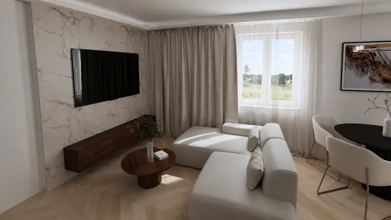 Wnętrze salonu w stylu japandi, minimalistycznym i skandynawskim z jasną sofą.