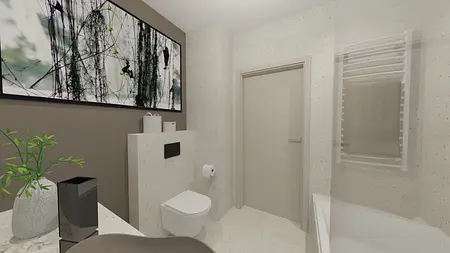 Wnętrze łazienki z białą wanną, szarymi ścianami i rośliną.