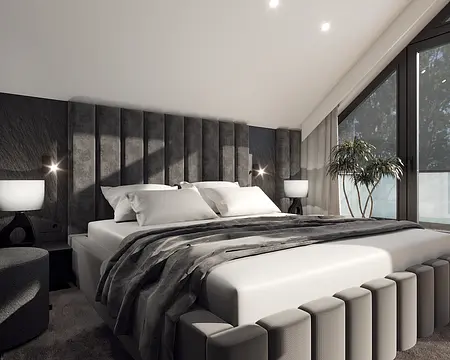 Sypialnia z minimalistycznym designem, szarymi akcentami i dużym oknem.