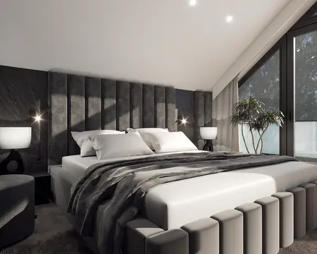 Sypialnia z minimalistycznym designem, szarymi akcentami i dużym oknem.