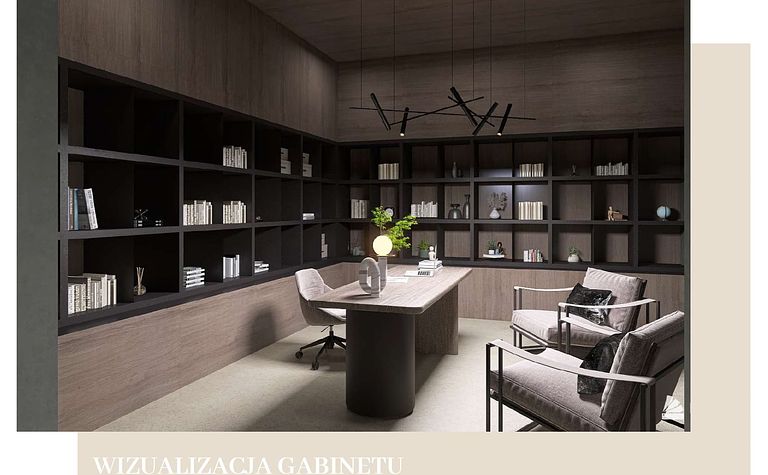 Gabinet minimalistyczny z drewnianymi półkami, nowoczesnym biurkiem i stylowymi krzesłami.