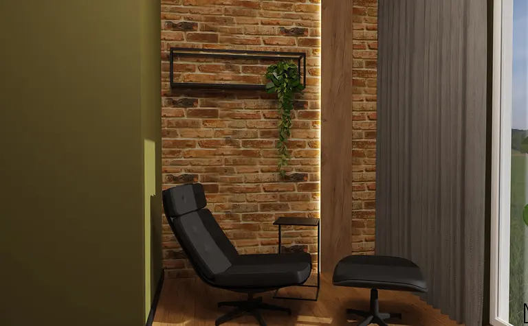 Wnętrze z industrialnym akcentem, ceglana ściana, nowoczesne meble i roślinność.